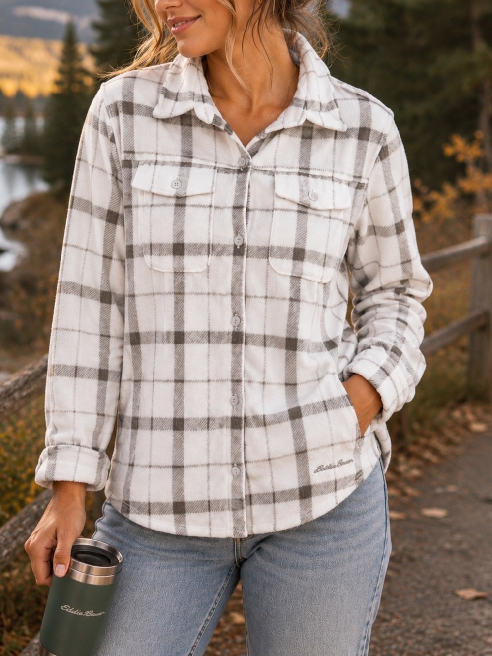 Eddie Bauer White Gray Plaid Fleece Shacket Button Up Shirt Jacket Large